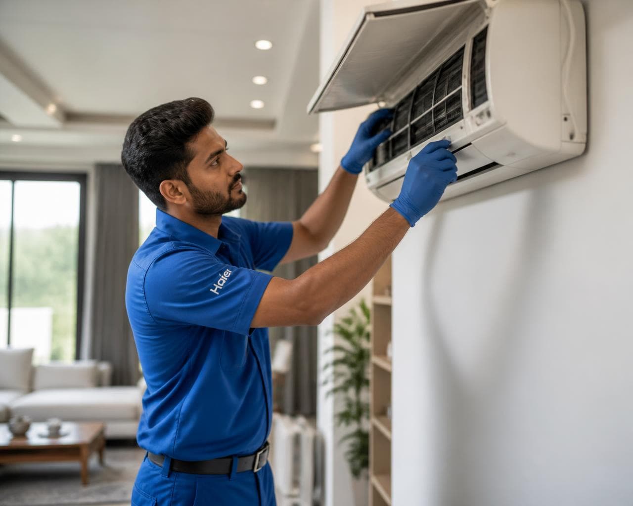 AC Wala technician servicing a wall-mounted split AC in a Nagpur home